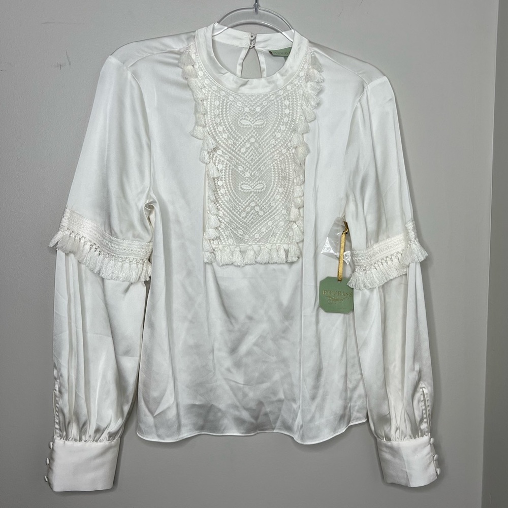 NWT! RYEGRASS white silk long sleeve tassel boho fringe peasant top. Size M. - Picture 1 of 10